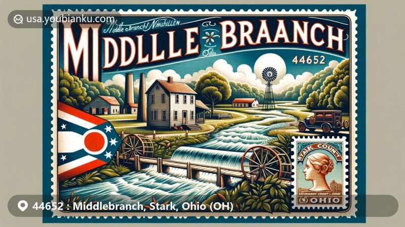 Modern illustration of Middlebranch, Ohio, celebrating postal theme with ZIP code 44652, featuring historical and geographical elements like Middle Branch Nimishillen Creek, a vintage-style postcard, and representations of early settlement.