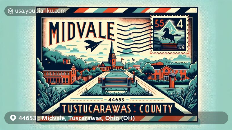 Modern illustration of Midvale, Tuscarawas County, Ohio, capturing ZIP code 44653, blending postal and local culture elements, featuring Midvale Community Park surrounded by lush greenery and symbolic representation of Fort Laurens.