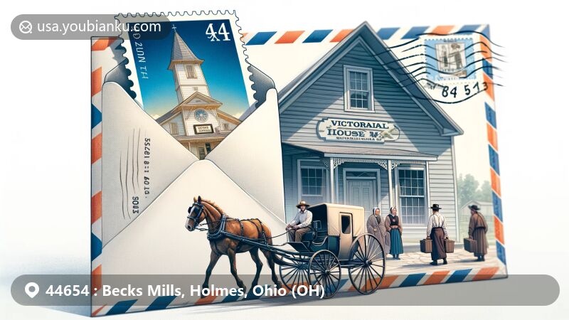 现代插画展示了俄亥俄州霍姆斯县贝克斯密尔斯地区的特色和邮政元素，描绘了半开的航空信封上的“44654”邮编和邮戳，内部的邮票展示了维多利亚时代博物馆的图像，背景描绘了模糊的阿米什社区景象，展示了传统文化和和谐视觉效果。