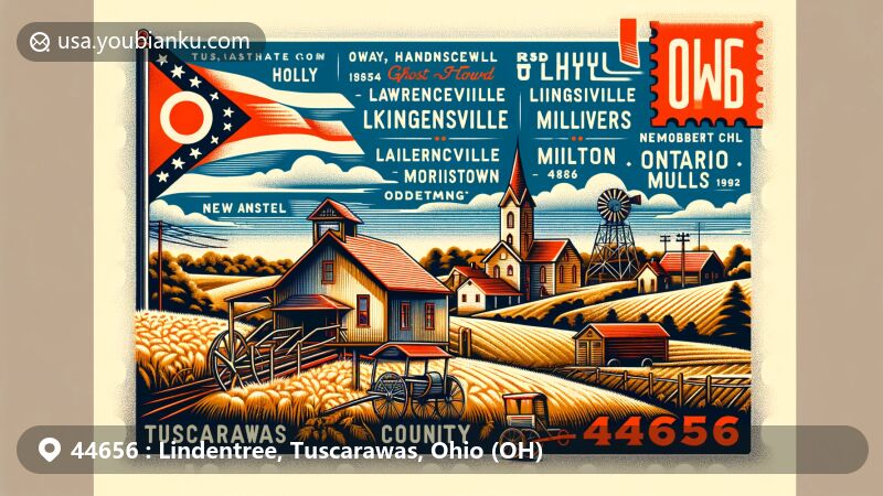 Modern illustration of Lindentree area, Tuscarawas County, Ohio, depicting rich history and natural beauty with elements from ghost towns like Hannatown, Holly, Kingsville, Lawrenceville, Milligan, Milton, Moorville, Mossers, Morristown, New England, Odbert, and Ontario Mills.
