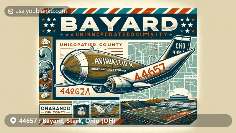 Modern illustration of Bayard area, Stark County, Ohio, featuring vintage aviation envelope with ZIP code 44657, showcasing cultural heritage with elements representing professional football and Columbiana County outline.