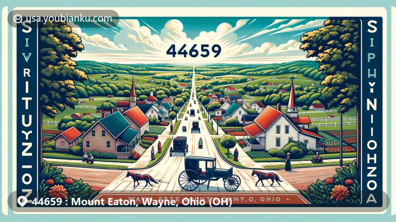 Modern illustration of Mount Eaton, Wayne County, Ohio, showcasing Amish culture and natural beauty, with aerial view of village, Amish buggies, quilt pattern, and serene environment, integrating ZIP code 44659 and Ohio state outline.