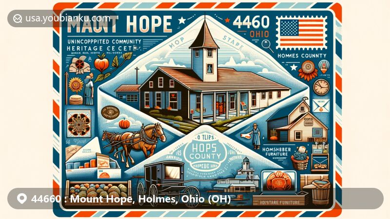 Modern illustration of Mount Hope, Holmes County, Ohio, featuring Amish and Mennonite Heritage Center, Hershberger's Farm and Bakery, Homestead Furniture, Ohio state flag, and symbolic details of Amish lifestyle, such as horse and buggy or quilt pattern, creatively incorporated into an airmail envelope frame with ZIP code 44660, showcasing local culture and landmarks.