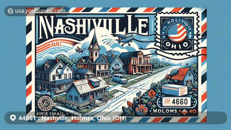 Modern illustration of Nashville, Ohio postal theme with air mail envelope, featuring Ohio state flag stamp, ZIP code 44661, and village scene representing Holmes County.