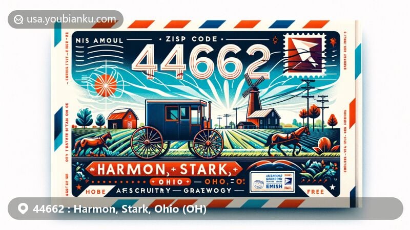 Modern illustration of Harmon, Stark County, Ohio, inspired by ZIP code 44662, designed as an air mail envelope with Amish buggy and farm scene, showcasing the area's gateway to Amish Country.