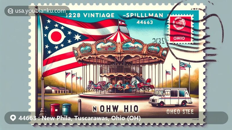 Modern illustration of New Philadelphia, Tuscarawas County, Ohio, showcasing postal theme with ZIP code 44663, featuring vintage Herschell-Spillman carousel from Tuscora Park and Ohio state symbols.