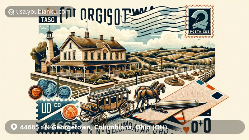 Modern illustration of N Georgetown, Columbiana County, Ohio, showcasing postal theme with ZIP code 44665, featuring Stage Coach Inn and local heritage elements.