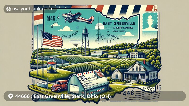 Modern illustration representing East Greenville and North Lawrence in Stark County, Ohio, with postal theme showcasing ZIP code 44666 and local landmarks.