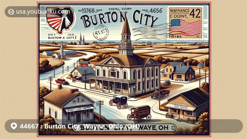 Modern illustration of Burton City, Wayne, Ohio, featuring historic landmarks like the oldest town hall in Wayne County, the Gerstenslager Company building, and St. Michael's United Church of Christ. Includes postal elements such as a vintage stamp with ZIP code 44667, a mail carriage, and a postmark stamp from the 1800s.