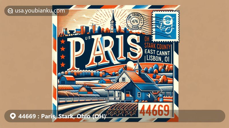 Modern illustration of Paris, Stark County, Ohio, highlighting the charm of the unincorporated community with a rural setting between East Canton and Lisbon on State Route 172, featuring postal elements like stamps, '44669' postmark, and a vintage post office.