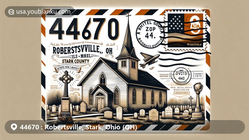 Modern illustration of Robertsville, Stark County, Ohio, showcasing postal theme with ZIP code 44670, featuring a charming church and graveyard, blending historical and contemporary styles.