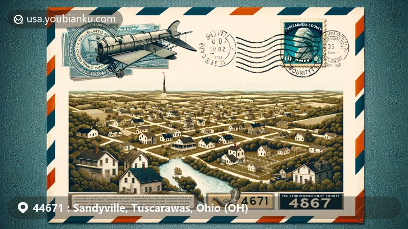 Creative illustration of Sandyville, Tuscarawas County, Ohio, featuring ZIP code 44671, vintage air mail envelope with Ohio state flag stamp, and rural landscape with Sandy Creek.