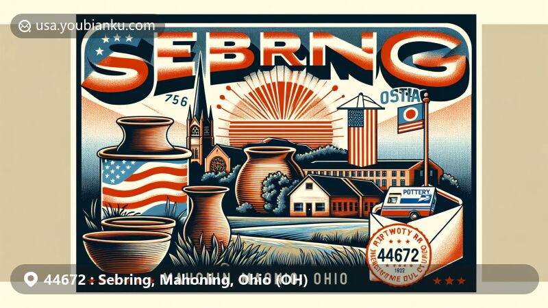 Modern illustration of Sebring, Mahoning, Ohio, capturing its history as the Pottery Capital of the World with artistic pottery pieces integrated into the landscape. Features McKinley Junior/Senior High School, vintage postcard design, and postal elements for ZIP code 44672.