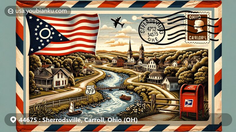 Modern illustration of Sherrodsville, Ohio, blending postal elements with village charm, including Conotton Creek and State Routes 39 and 212, featuring Ohio state flag, vintage postage stamp with ZIP code 44675, and classic red mailbox.