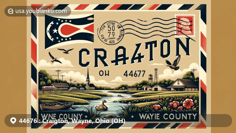Modern postcard-style illustration of Craigton, Wayne County, Ohio, showcasing ZIP code 44676, featuring local charm and Ohio state flag elements in a contemporary design framed like a vintage airmail envelope.