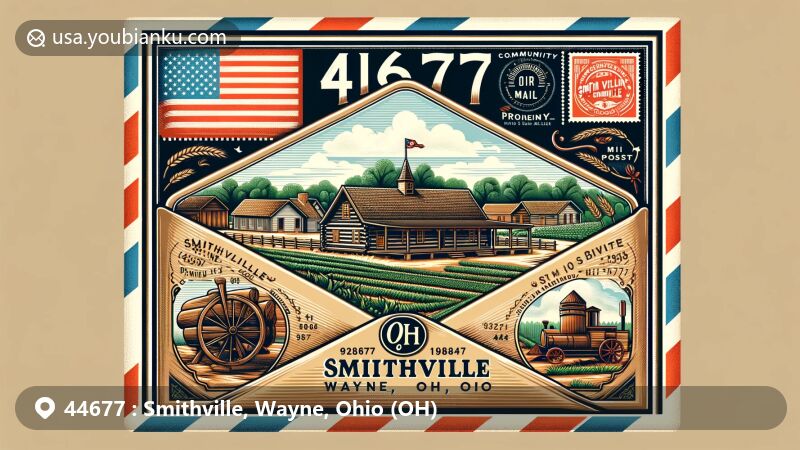 Modern illustration of Smithville, Wayne, Ohio, featuring vintage air mail envelope with Pioneer Village, Ohio state flag, and agricultural symbols, highlighting ZIP code 44677.