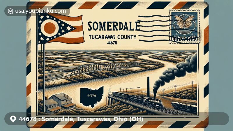 Modern illustration of Somerdale, Tuscarawas County, Ohio, blending postal and regional elements, featuring Ohio state flag, Tuscarawas County outline, Conotton Creek, Wheeling and Lake Erie Railway, vintage postal stamp, and ZIP code 44678.