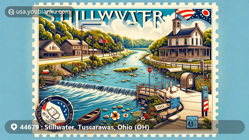Modern illustration of Stillwater, Tuscarawas County, Ohio, featuring postal theme with Stillwater Creek and Ohio state symbols.