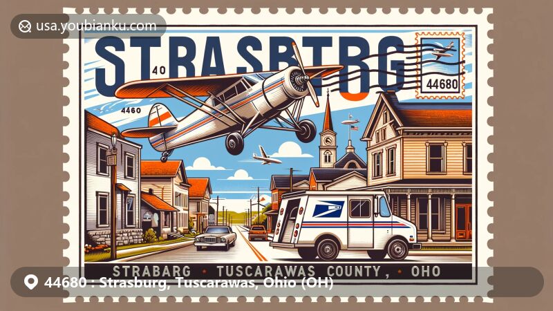 Modern illustration of Strasburg, Tuscarawas County, Ohio, showcasing postal theme with ZIP code 44680, featuring aviation-themed envelope and Ohio state flag, set against charming street with historic homes and businesses.