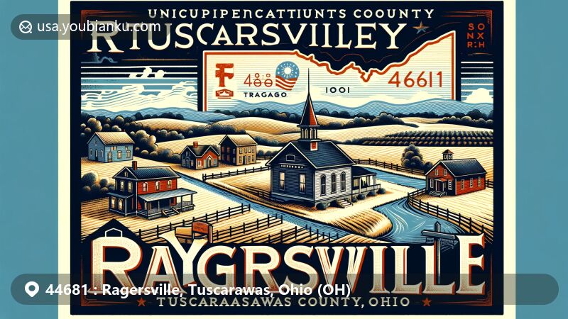 Modern illustration of Ragersville, Tuscarawas County, Ohio, blending history and geography elements, featuring old schoolhouse, ZIP code 44681, Tuscarawas River, Ohio state flag, and vintage postcard format.