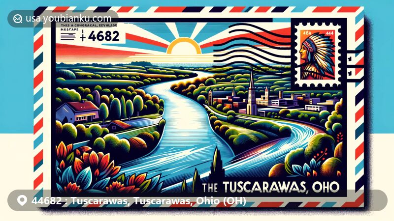 Modern illustration of Tuscarawas, Tuscarawas County, Ohio, showcasing postal theme with ZIP code 44682, featuring Tuscarawas River, historical Tuscarora Indian tribute, and vibrant village elements.