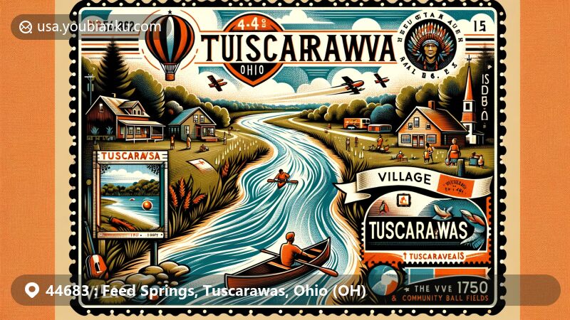 Modern illustration of Tuscarawas, Ohio area, highlighting ZIP code 44683 with creative postal elements, including Tuscarawas River, village history, and community features.
