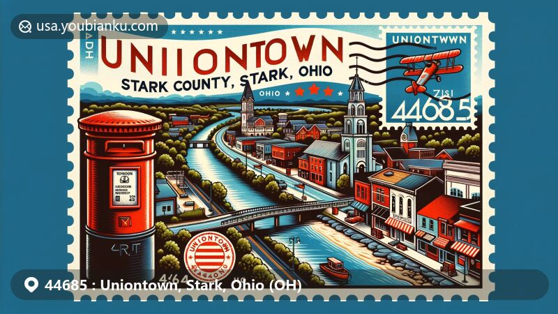 Modern illustration of Uniontown, Stark County, Ohio, highlighting ZIP code 44685, featuring Tuscarawas River, small-town main street scene, vintage postcard layout with aviation stamp, postal mark 'Uniontown, OH 44685,' and red mailbox.