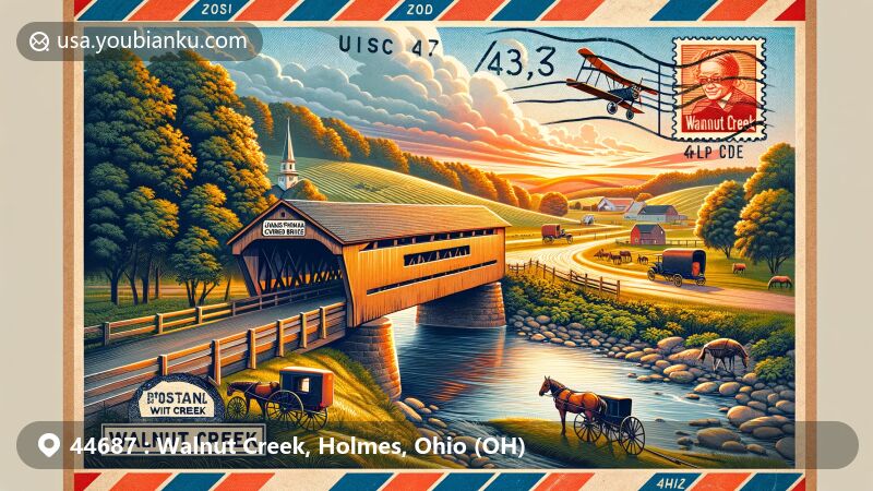 Modern illustration of Walnut Creek, Ohio, showcasing postal theme with ZIP code 44687, featuring Jonas Stutzman Covered Bridge and Amish Country charm.