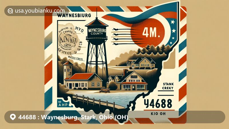 Modern illustration of Waynesburg, Ohio, showcasing postal theme with ZIP code 44688, featuring Lake Mohawk, details of Stark County, and connections to nearby Sandy Creek and the Canton-Massillon metropolitan area.
