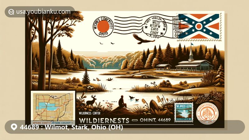 Modern illustration of The Wilderness Center in Wilmot, Ohio, featuring serene lake, natural beauty, Ohio flag, Stark County outline, and postal elements like postcard, stamp, and mailbox design.