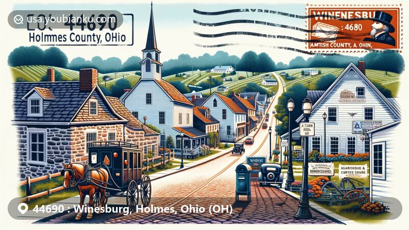Charming village scene in Winesburg, Holmes County, Ohio, showcasing Amish heritage and rural beauty with old stone buildings and Amish buggy, highlighting local attractions like antique malls and carriage museum, integrated with postal theme of ZIP code 44690.
