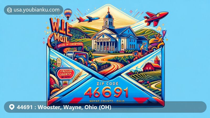 Modern illustration of Wooster, Wayne County, Ohio, showcasing postal theme with ZIP code 44691, featuring iconic attractions like Ohio Light Opera, Acres of Fun, Blue Barn Winery, and Wayne County Courthouse.