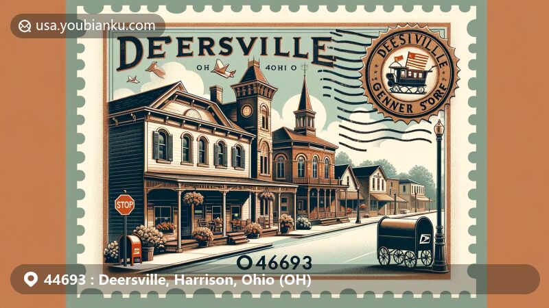 Modern illustration of Deersville, Harrison County, Ohio, blending postal elements with local landmarks like the Deersville Historic District, showcasing Greek Revival and Gothic Revival architecture along Main Street, featuring the iconic Deersville General Store.