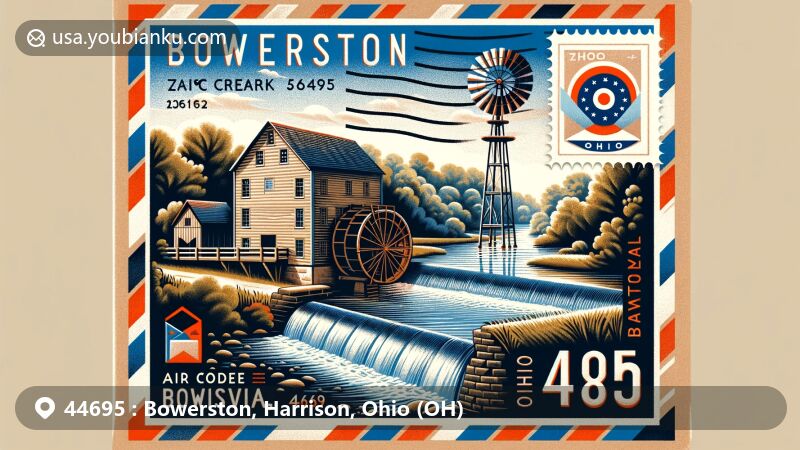 Artistic representation of Bowerston, Ohio, featuring Conotton Creek, historic mills, air mail envelope with ZIP code 44695, and Bowerston Shale bricks.