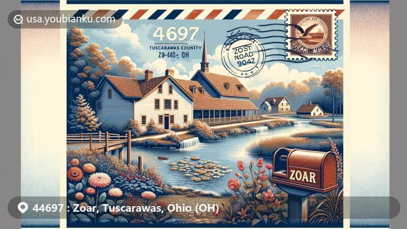 Modern illustration of Zoar, Tuscarawas County, Ohio, emphasizing Historic Zoar Village as a historical, artistic, and architectural destination. It showcases early American architectural style, Zoar Garden with blooming flowers and Garden House, Zoar Wetland Arboretum's tranquil trails, woodland, and lake, and postal elements like vintage postcard design with ZIP code 44697.