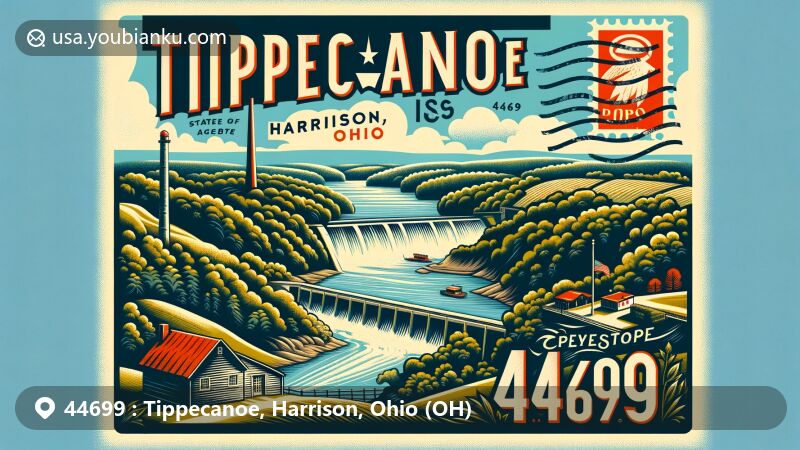 Modern illustration of Tippecanoe, Harrison County, Ohio, depicting Stillwater Creek and Clendening Lake Dam, with vintage postal theme and ZIP code 44699, capturing the area's natural beauty and postal service elements.