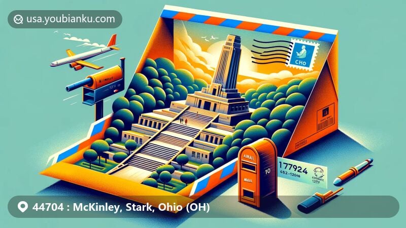 Vibrant illustration of McKinley National Memorial with airmail envelope showcasing ZIP code 44704, featuring postmark and mailbox, creatively blending regional landmark with postal theme.