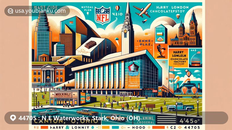 Modern illustration of Canton, Ohio, featuring ZIP code 44705, showcasing Pro Football Hall of Fame, McKinley Presidential Library & Museum, and Harry London's Chocolate Factory.