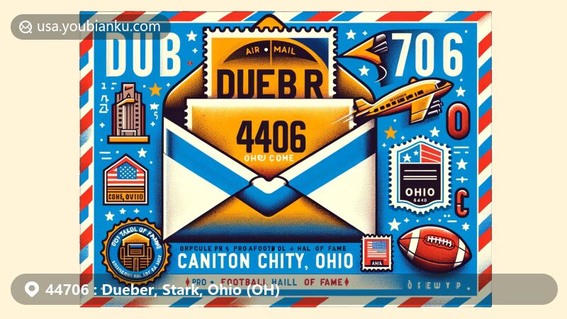 Modern illustration of Dueber, Stark County, Ohio, showcasing postal theme with ZIP code 44706, featuring Pro Football Hall of Fame and Ohio state symbols.