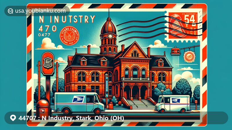Modern illustration of N Industry area in Stark, Ohio, showcasing postal theme with ZIP code 44707, featuring Stark County Courthouse and local postal elements.