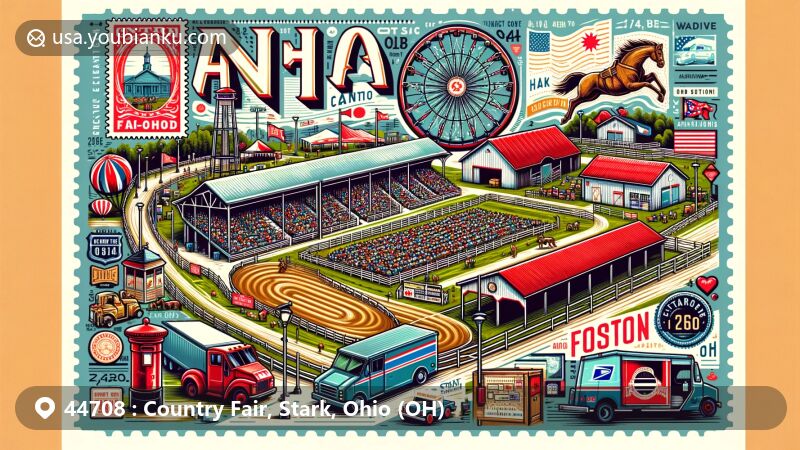 Modern illustration of Stark County Fairgrounds, Canton, Ohio, with postal theme and ZIP code 44708, featuring grandstand seating, dirt-packed track, pavilion stage, Ohio state flag, postal stamp, red mailbox, and mail delivery truck.