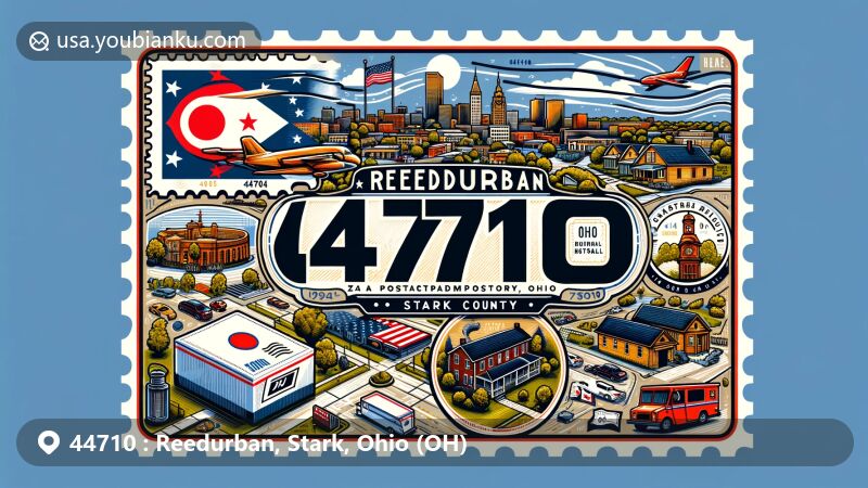 Modern illustration of Reedurban, Stark County, Ohio, merging postal motifs with local charm, showcasing ZIP code 44710 and Canton proximity, featuring Ohio state flag and vintage postcard elements.