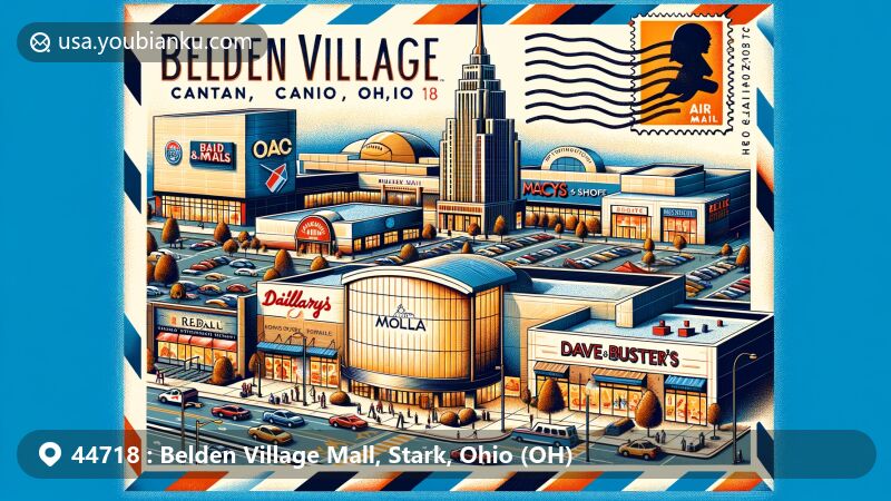 Modern illustration of Belden Village Mall, Stark County, Ohio, with postal theme and key elements like Pro Football Hall of Fame, anchor tenants, and ZIP code 44718.