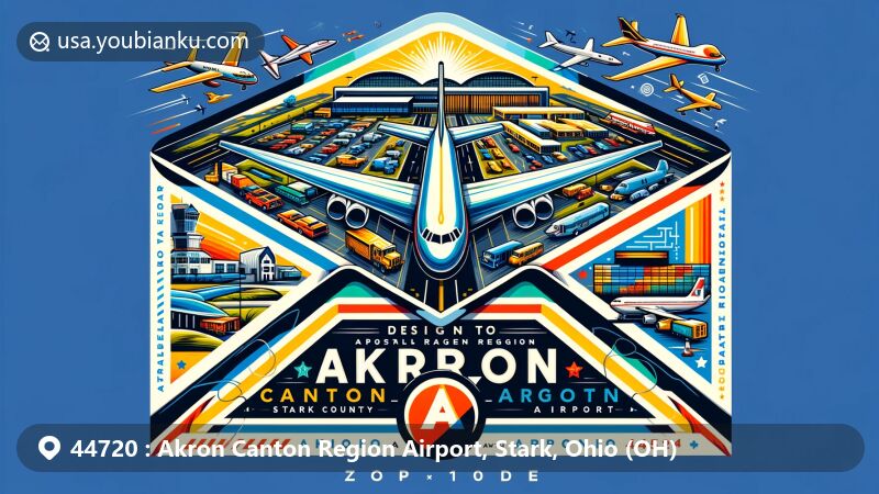 Modern illustration of Akron Canton Region Airport in Stark County, Ohio, with ZIP code 44720, featuring aviation-themed envelope and landmarks like MAPS Air Museum with historical aircraft.