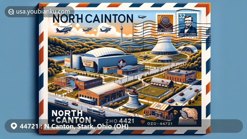 Modern illustration of North Canton, Ohio, showcasing postal theme with ZIP code 44721, featuring Pro Football Hall of Fame, McKinley Presidential Library & Museum, Harry London's Chocolate Factory, Plain Township Amphitheater, and Jackson Bog State Nature Preserve.