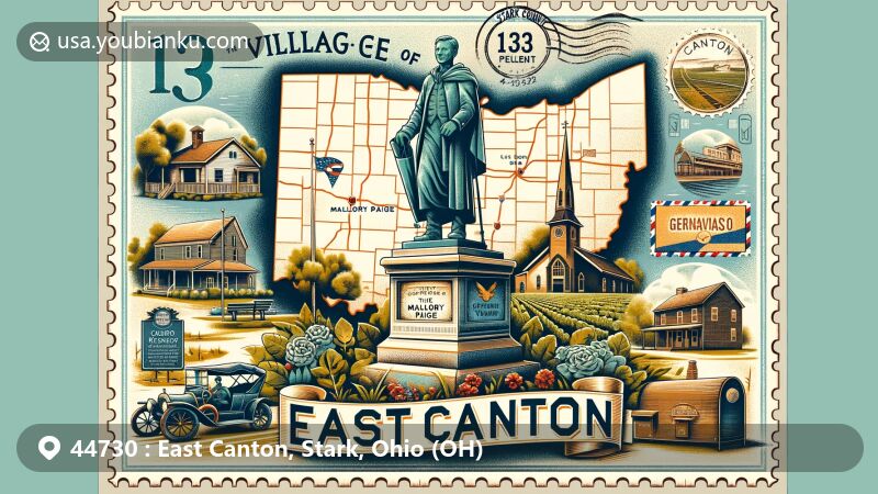 Modern illustration of East Canton, Stark County, Ohio, emphasizing the postal theme for ZIP code 44730, featuring a statue in memory of Mallory Paige, Stark County's geographical outline, landmarks like Pro Football Hall of Fame and Gervasi Vineyard, and postal elements.