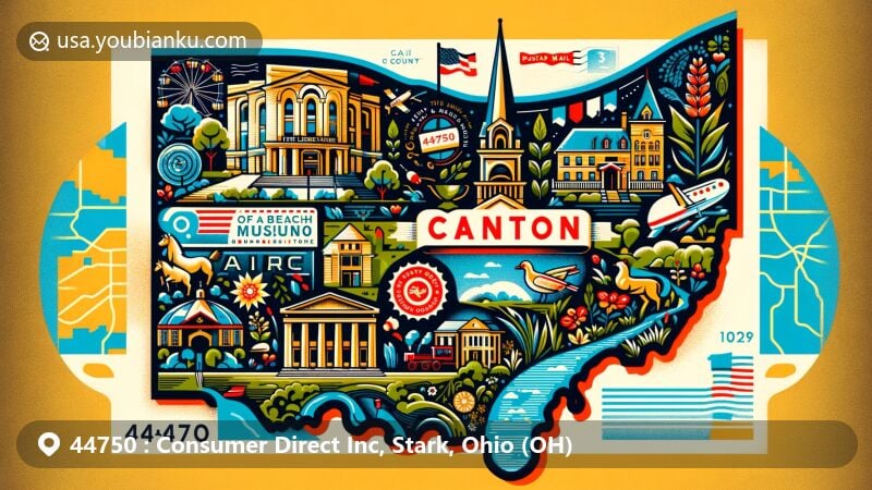 Creative illustration of Canton, Ohio, blending local landmarks like the First Ladies National Historic Site and Canton Museum of Art with natural beauty of Beech Creek Botanical Garden and Nature Preserve, set in a postal theme with ZIP code 44750.