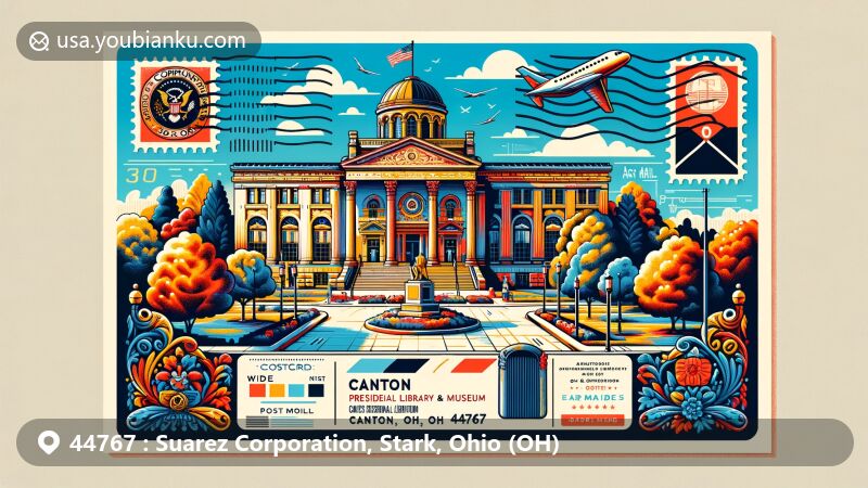 Modern illustration of Canton, Stark County, Ohio, showcasing postal theme with ZIP code 44767, featuring McKinley Presidential Library & Museum and rich cultural symbols.