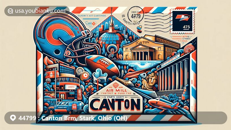 Modern illustration of Canton, Stark County, Ohio, representing ZIP code 44799 with air mail envelope design showcasing Pro Football Hall of Fame, Canton Palace Theatre, and Canton Museum of Art.