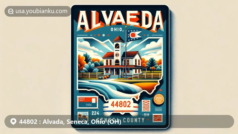 Modern illustration of Alvada, Seneca County, Ohio, highlighting postal theme with ZIP code 44802, featuring post office and elements of Ohio state flag.